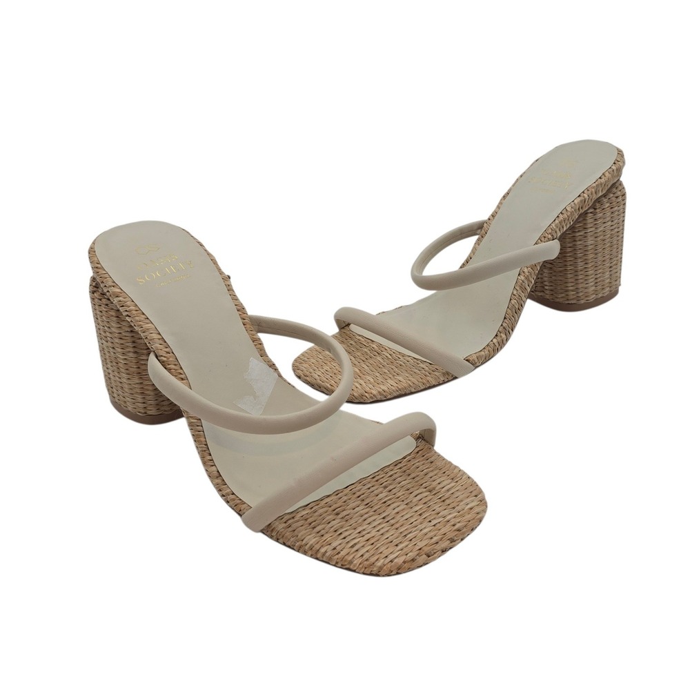 Oasis Society Raffia Block Heel Sandals‎ Womens 7.5 Neutral Woven Mule Heels